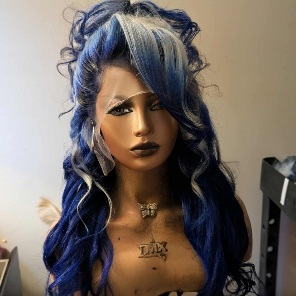 Source Unknown Deep Blue and White Curly Wig